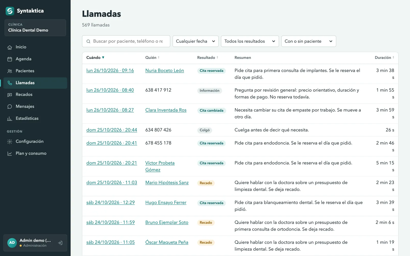 Historial de llamadas con la hora, el paciente, el resultado (cita reservada, información, recado) y un resumen de cada una
